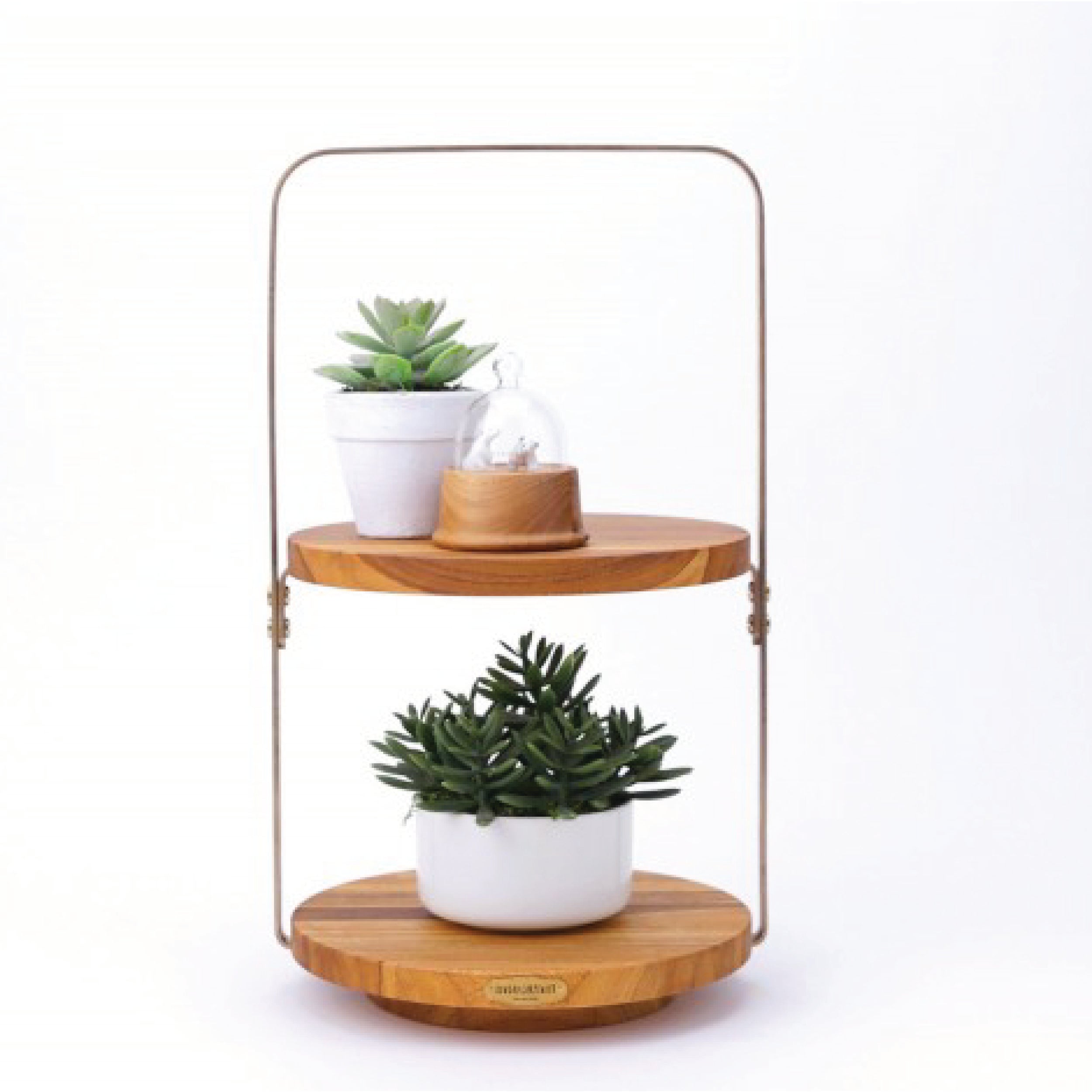 ROUND DISPLAY STAND WITH HANDLE BRASS 21.5 (TEAK)