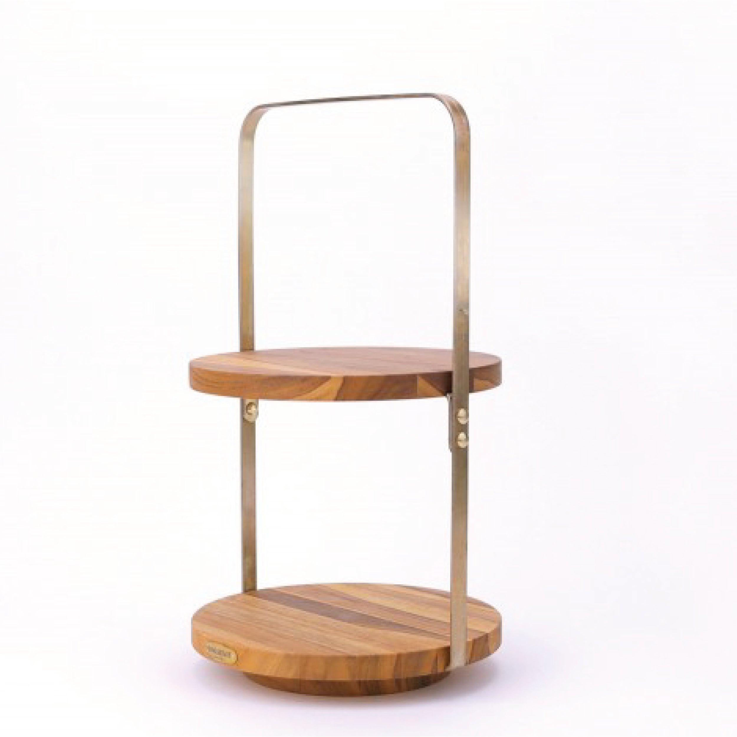 ROUND DISPLAY STAND WITH HANDLE BRASS 21.5 (TEAK)